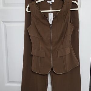 City Chic Brown Zip-Front Tailored Pantsuit Vest with Matching Pants